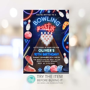 Zaproszenie na kręgle Glow Bowling Boy Birthday Rozkręćmy zabawę Bowling Party Invite Edytowalny szablon Corjl BP5