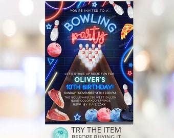 Invitación de bolos luminosa para cumpleaños de niño. ¡Vamos a divertirnos jugando a los bolos! Plantilla editable Corjl BP5