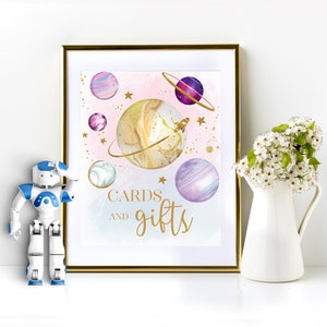 Cards and Gifts Sign Template | Space Party Gift Table Sign | Outer Space Birthday Sign | Pink Gold Galaxy Birthday Party Decorations S231