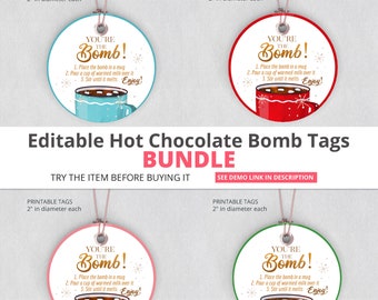Christmas Editable Hot Chocolate Bomb Tags Bundle |  Chocolate Bombs Instructions Tags Bundle | Printable Winter Bomb Tag Bundle W31