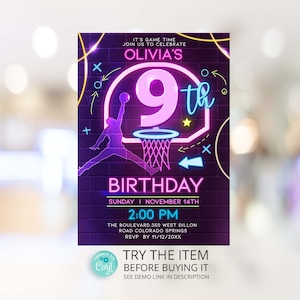 Neon Basketball Invitation Basketball Invite Basketball Party Basketball Girl Birthday Sport Invitation BG9