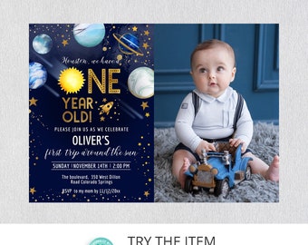 Editable Space Birthday Invitation First Trip Around The Sun | Space Birthday Party Invitation | Galaxy First Birthday Invite SP193