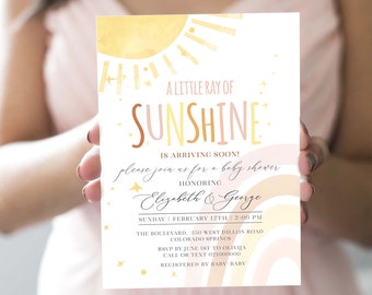 Boho Sun and Rainbow Baby Shower Invitation a Little Ray of Sunshine Baby Shower Invite Digital Template Instant Download RB1