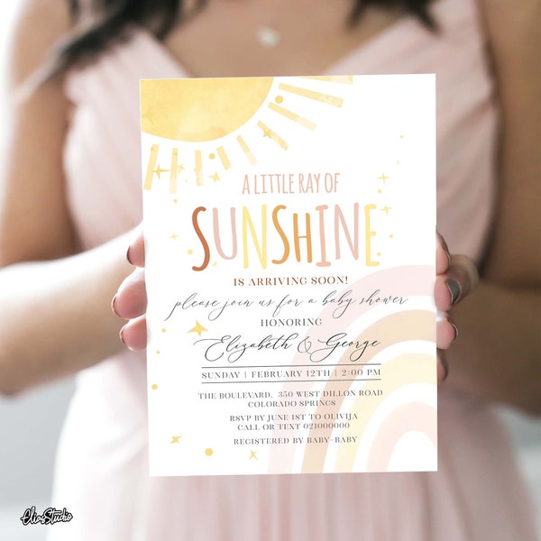 Boho Sun and Rainbow Baby Shower Invitation a Little Ray of Sunshine Baby Shower Invite Digital Template Instant Download RB1