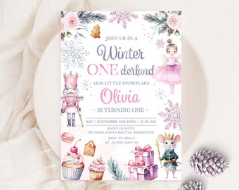 Bearbeitbare Winter ONEderland Geburtstagseinladung, 1. Geburtstagskind einladen, Wunderland-Geburtstags-rosa Nussknacker-Schneeflocken-Geburtstags-Einladung W258