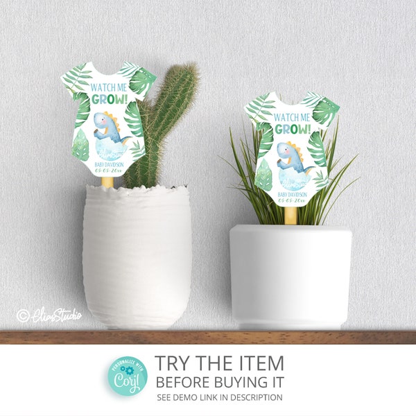 Watch Me Grow Succulent Tag Dinosaur Baby Shower Printable Favor Tags, Boho Dinosaur Plant Tags Template DIY Instant Download DB39