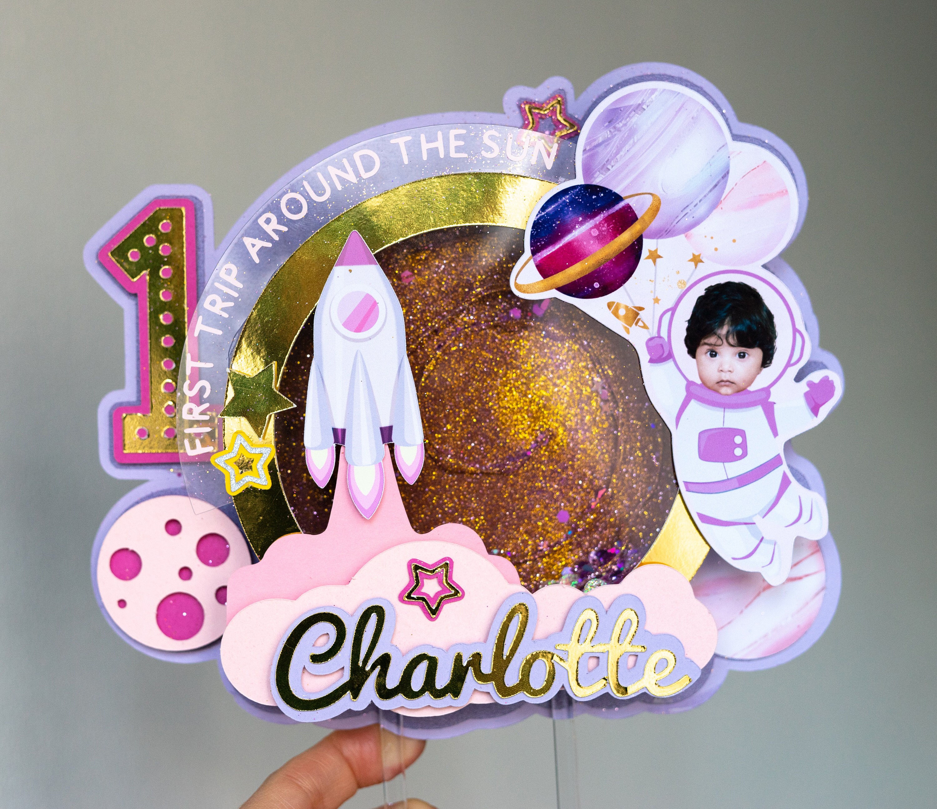 First Trip Around The Sun Cake Topper: Personalized Photo, Space Birthday Decor