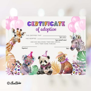 Adopt An Animal Adoption Certificate Safari Animals Birthday Decor Wild One Party Animals Birthday Girl Zoo Party Certificate Adoption PA92