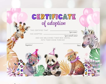 Adopt An Animal Adoption Certificate Safari Animals Birthday Decor Wild One Party Animals Birthday Girl Zoo Party Certificate Adoption PA92
