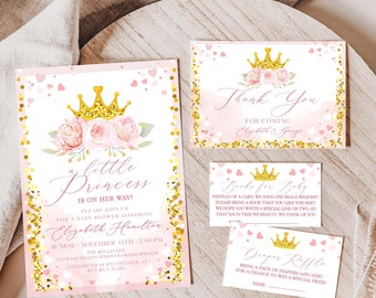 Editable Little Princess Baby Shower Invitation Bundle | Pink and Gold Little Princess Baby Shower Blush Pink Gold Glitter PR5