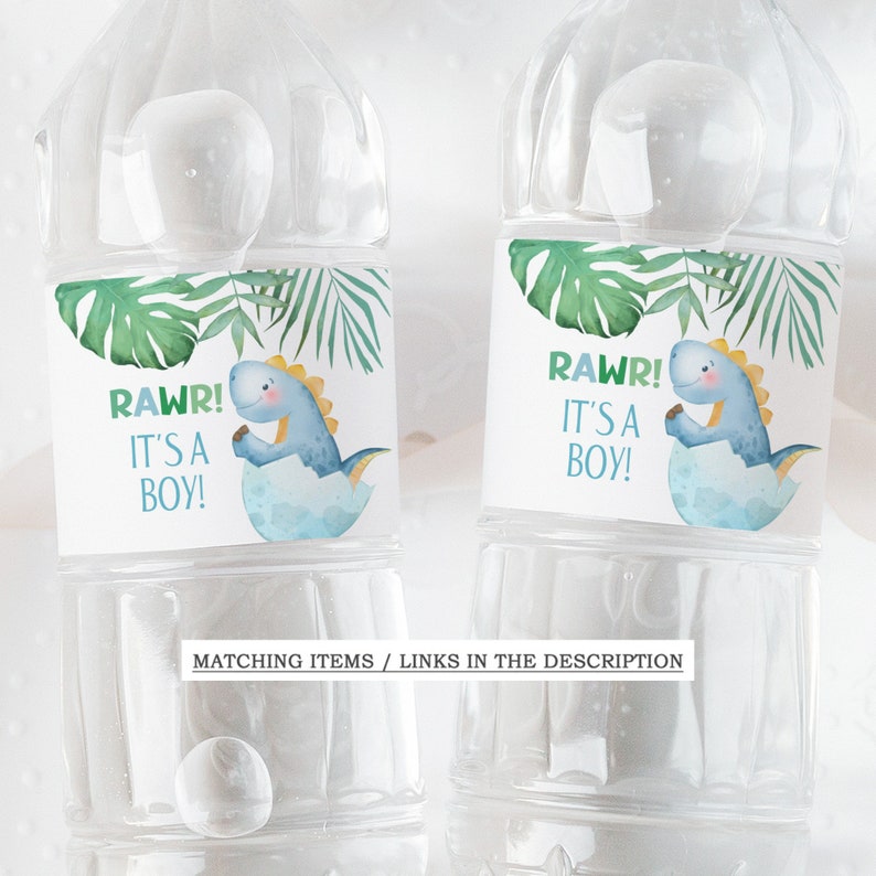 May include: Two clear plastic water bottles with labels that say "RAWR! It's a Boy!"  The labels feature a cartoon dinosaur hatching from an egg with green tropical leaves.