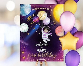 Editable Outer Space Birthday Welcome Sign Personalized with Photo DIGITAL FILE | First Trip Around the Sun Sign Galaxy Birthday SP192