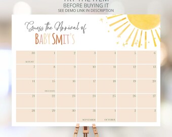 Op de afbeelding: Een printbaar babyshower-spel met een ontwerp van een gele zon en sterren. Het spel is een kalender met de tekst "Raad de aankomst van Baby Smit's" en een uitgerekende datum van 22 september.