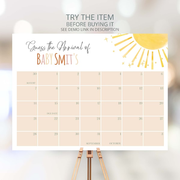 Due Date Prediction Calendar Sunshine Baby Shower | Set a Little Ray of Sunshine Due Date Guessing Game Baby Birth Date Sign Calendar S23