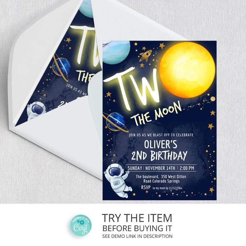 Editable Two the Moon Invitation Boy 2nd Birthday Space Party Invitation Galaxy Birthday Second Birthday Invite SP170