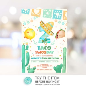 Fiesta 2 Geburtstag Einladung Vorlage | Taco TWOsday Fiesta Geburtstagseinladung 2.Geburtstag Mexikanische Tacos Junge Kaktus F24