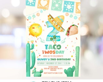 Fiesta 2nd Birthday Invitation Template | Taco TWOsday Fiesta Birthday Invite Second Birthday Mexican Tacos Boy Cactus F24