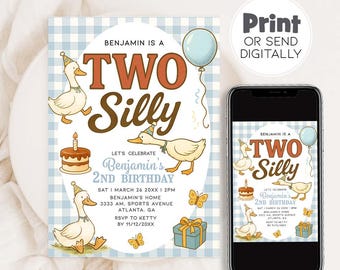 Silly Goose 2nd Birthday Invitation: Blue Gingham, Editable Template (Digital Download)