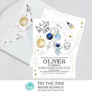 Editable Outer Space Birthday Invitation Template Trip Around The Sun | Space Birthday Party Invite | Galaxy Blast Off Invitation SP2
