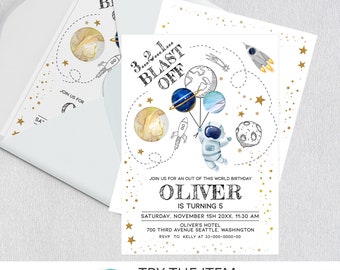 May include: A printable invitation for a 5th birthday party with a space theme. The invitation features an astronaut holding balloons shaped like planets, a rocket ship, and stars. The text on the invitation reads "3...2...1... Blast Off! Oliver is turning 5. Saturday, November 15th 20XX, 11:30 AM. Oliver's Hotel, 700 Third Avenue Seattle, Washington. RSVP to Kelly at 33-000-0000-00."