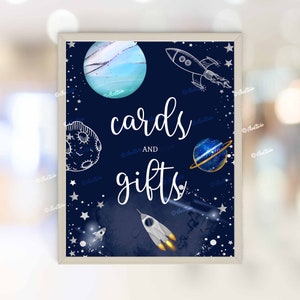 Cards and Gifts Sign Template | Space Party Gift Table Sign | Outer Space Birthday Sign | Blue Gold Galaxy Birthday Party Decorations SP148