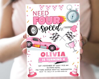 Invitación de cumpleaños de coche de carreras, Invitación de cumpleaños para chica de carreras, Invitación para el cuarto cumpleaños, Invitación de coche de carreras, Fiesta de cumpleaños de carreras CA67