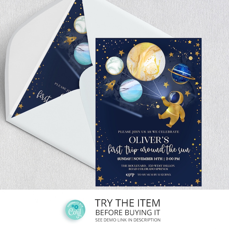 Editable Space Birthday Invitation First Trip Around The Sun Space Birthday Party Invitation Astronaut Galaxy First Birthday