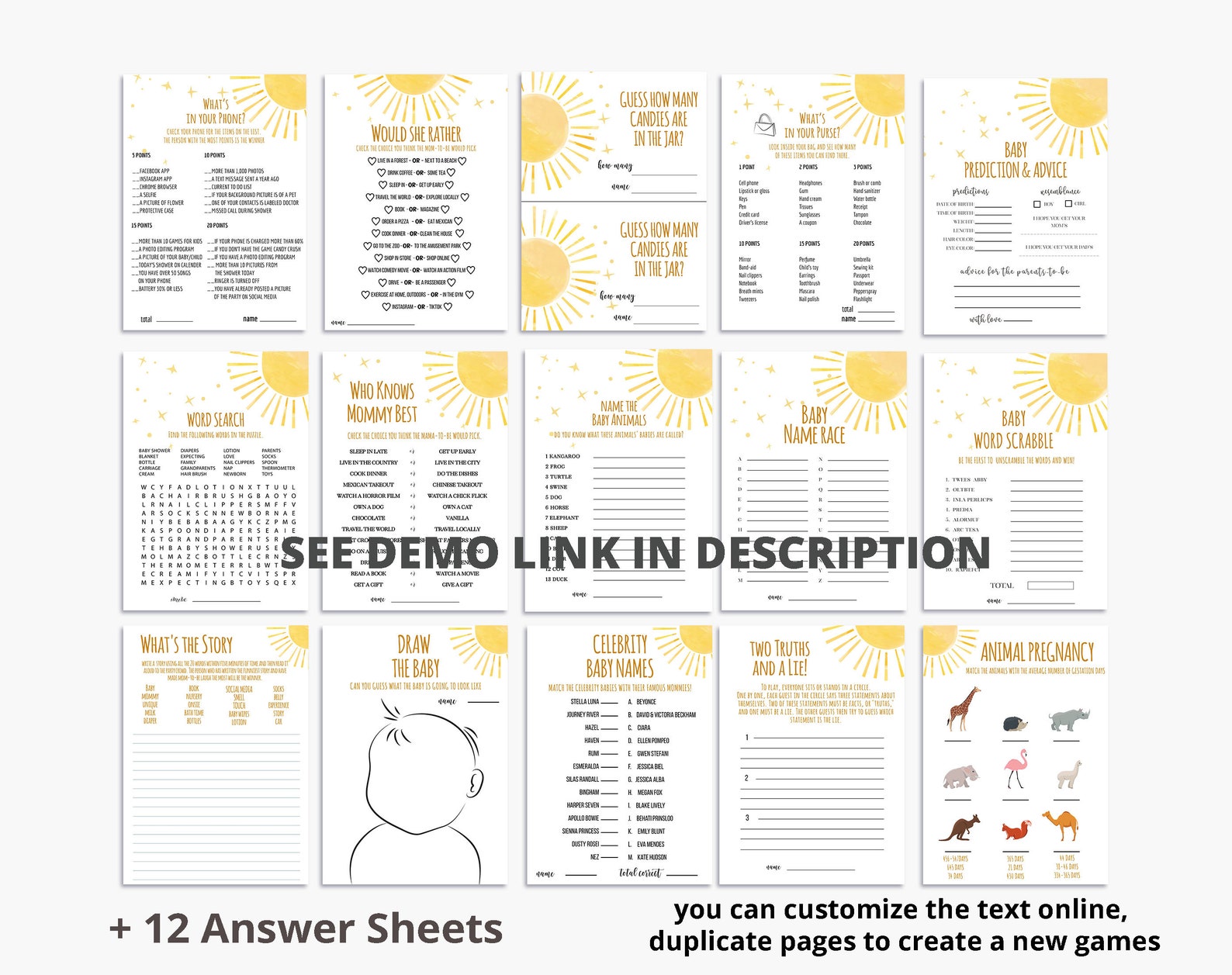 Editable Sunshine Baby Shower Games Printable boho Baby - Etsy