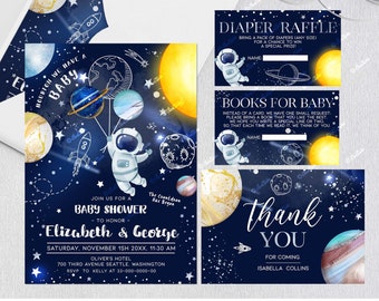 Op de afbeelding: Een blauwe en witte babyshower-uitnodiging met een cartoon-astronaut die ballonnen in de vorm van planeten vasthoudt. De uitnodiging bevat de tekst "Houston, we have a baby", "Join us for a baby shower", "Elizabeth & George", "Zaterdag 15 november 20XX, 11:30 uur", "Oliver's Hotel", "700 Third Avenue Seattle, Washington", "RSVP naar Kelly op 33-000-0000-00" en "The Countdown Has Begun".
