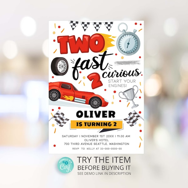 Two Fast Birthday Invite, Two Fast Two Curious, Race Car Party 2nd Birthday Invitation Template Corjl CA3