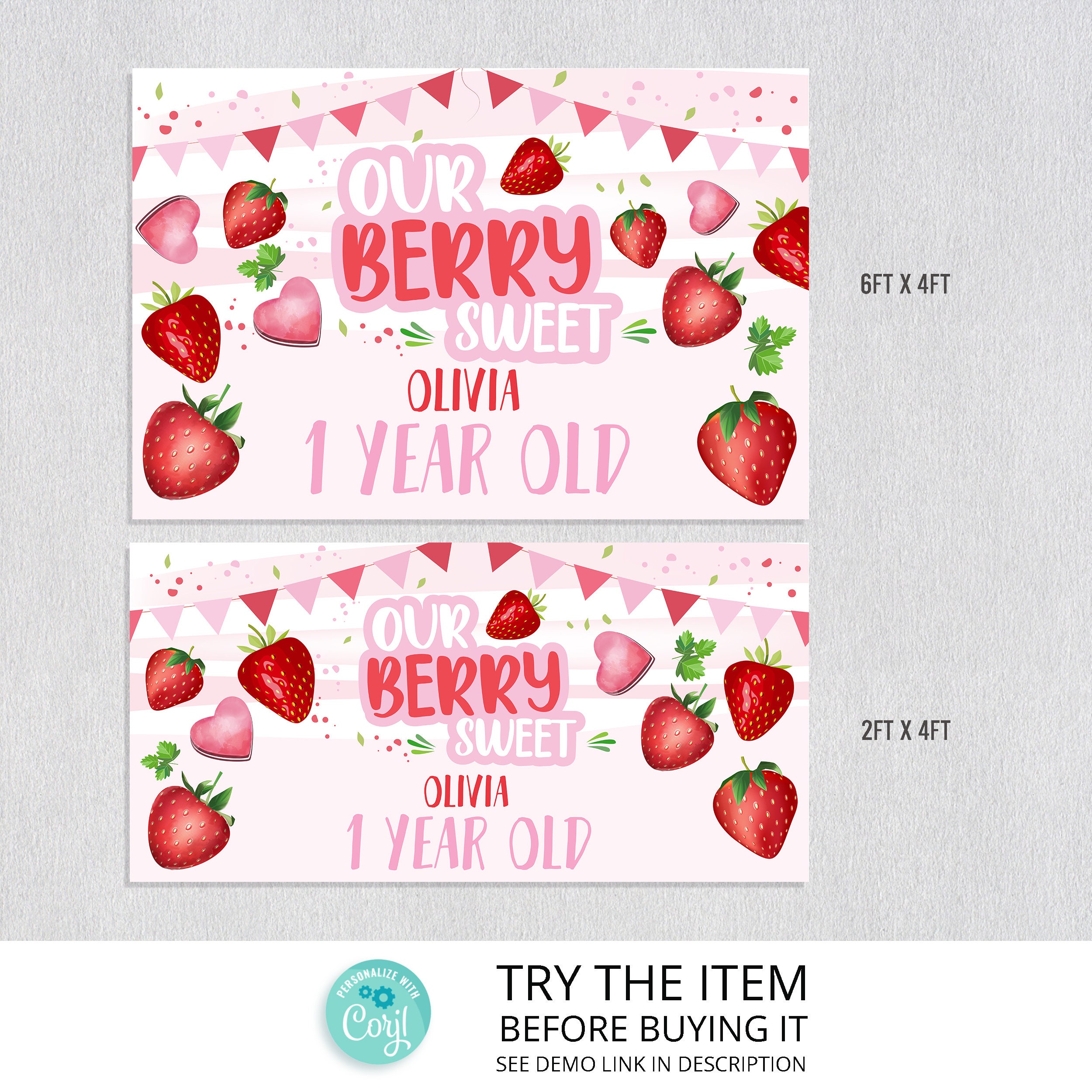 Editable Berry First Birthday Backdrop Banner Personalized | Etsy