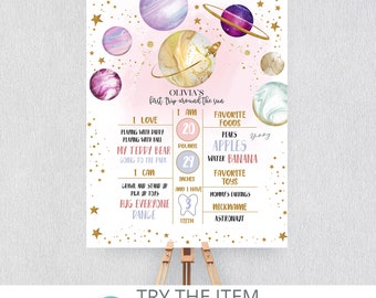May include: A pink and gold space-themed growth chart with a watercolor background. The chart includes a list of milestones, such as age, weight, height, favorite foods, and toys. The chart is personalized with the name "Olivia's" and the nickname "Astronaut".
