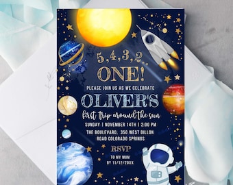 Editable Space Birthday Invitation First Trip Around The Sun Outer Space Birthday Party Invitation Galaxy First Birthday Invite SP482