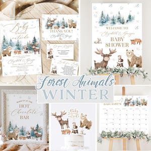 May include: A selection of baby shower stationery with a winter forest animal theme. The set includes invitations, thank you cards, and a welcome sign. The design features watercolour illustrations of bears, moose, and foxes in a snowy forest setting with snowflakes.