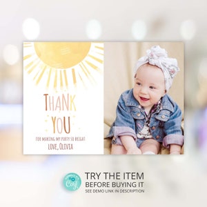 Nosso pequeno modelo de cartões de agradecimento Sunshine, primeira viagem ao redor do sol Corjl Template Sunshine Tema Decoração de aniversário S66