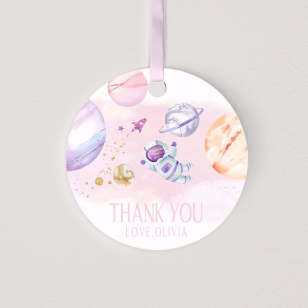 Editable Outer Space Favor Tags Space Birthday Girl Thank You Tags First Trip Around The Sun Round Pink Gold Favor Tags Astronaut SP440