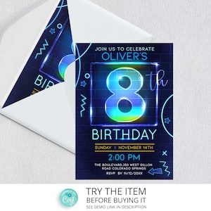 May include: Neon blue and green 8th birthday party invitation with a brick background. The invitation says "Join us to celebrate Oliver's 8th Birthday" and includes the date, time, and location of the party. RSVP by 11/12/20XX.