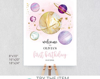 Editable Outer Space Birthday Welcome Sign | First Trip Around the Sun 1st Birthday Girl Sign | Pink Gold Galaxy Birthday  SP235