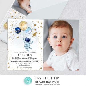 Editable Space Birthday Invitation First Trip Around The Sun | Space Birthday Party Invite | Galaxy First Birthday Invitation SP3