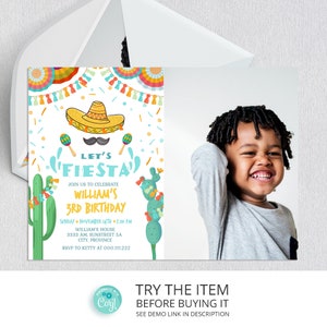 Editable Fiesta Birthday Photo Invitation Template | 3rd Birthday Fiesta Boy Invitations Let's Fiesta |  Birthday Fiesta Invite F121