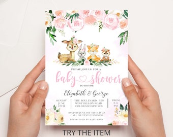 Girl Floral Woodland Baby Shower Invitation Boho Pink Woodland Animal Baby Shower Invite Editable Digital Template Corjl WB1