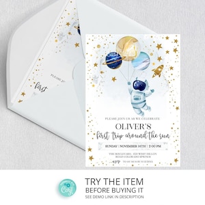 Editable Space Birthday Invitation First Trip Around The Sun | Space Birthday Party Invitation | Galaxy First Birthday Invite SP33