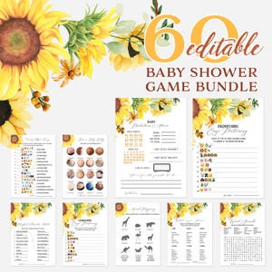 May include: A baby shower game bundle with a sunflower theme. The bundle includes 60 editable games with various designs and text. The games are decorated with yellow sunflowers and green leaves.