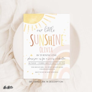 Boho Sun and Rainbow Birthday Invitation Our Little Sunshine Birthday Invite Rainbow 1st Birthday Template Corjl Instant Download RS1