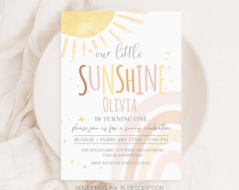 Boho Sun and Rainbow Birthday Invitation Our Little Sunshine Birthday Invite Rainbow 1st Birthday Template Corjl Instant Download RS1