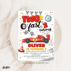 Two Fast Two Curious Birthday Invitation, Two Fast Birthday, Race Car Party, Race Car Birthday Boy Invitation Template CA38