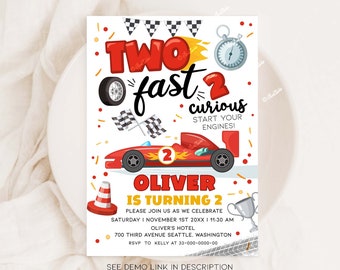 Two Fast Two Curious Birthday Invitation, Two Fast Birthday, Race Car Party, Race Car Birthday Boy Invitation Template CA38