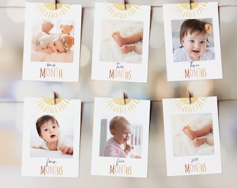 May include: Six 5x7 inch printable cards with a yellow sun design and a white photo frame. Each card features a baby photo and the text "one month", "two months", "three months", "four months", "five months", and "six months".
