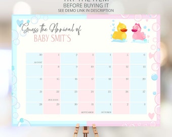 May include: A pink and blue baby shower game with a calendar to guess the arrival date of Baby Smit's. The calendar is decorated with blue and pink bubbles and rubber duckies.