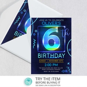 Neon Birthday Invitation Template Boy 6th Birthday Neon Glow Party Invite Digital NP6